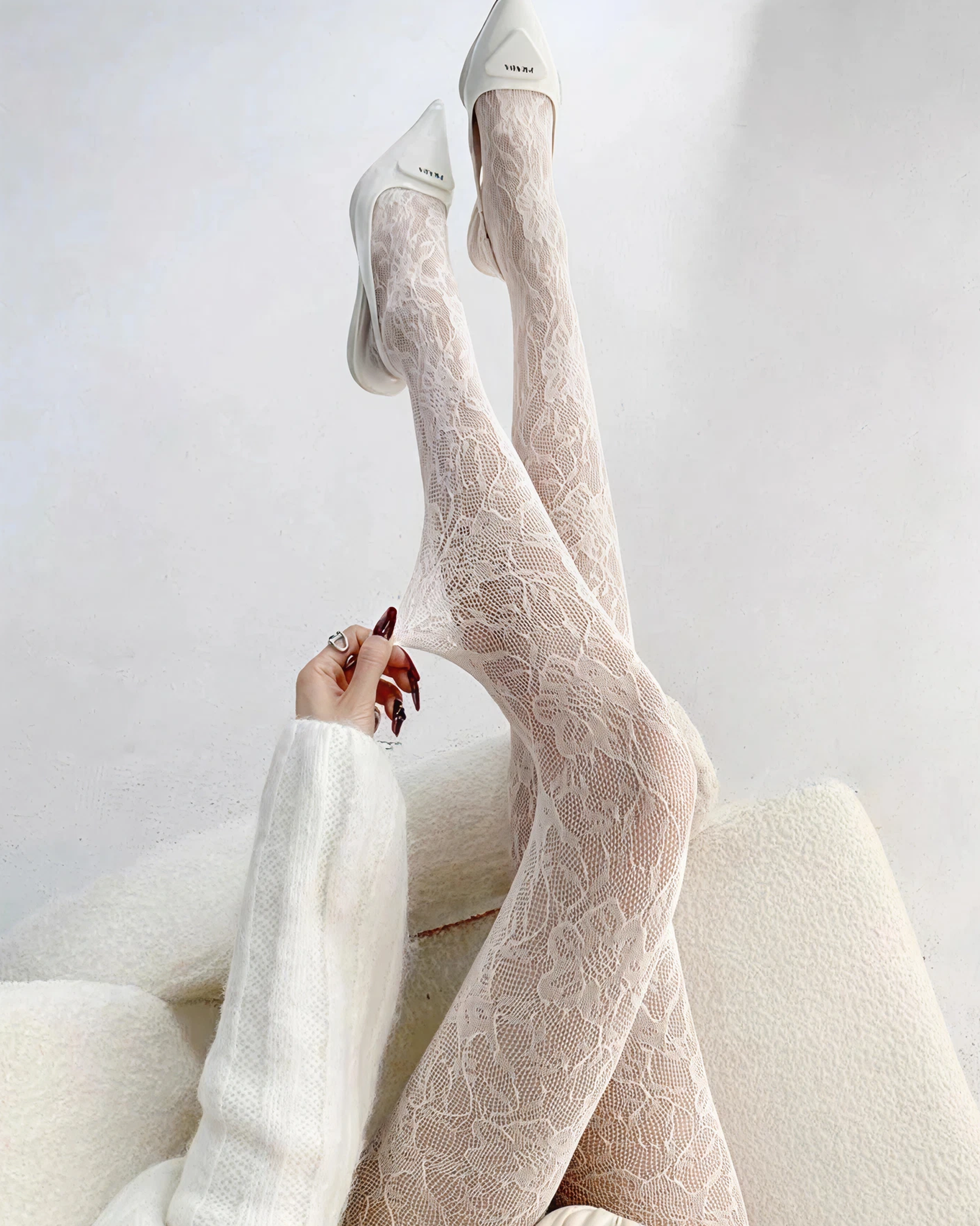 Lana Floral Lace Tights White