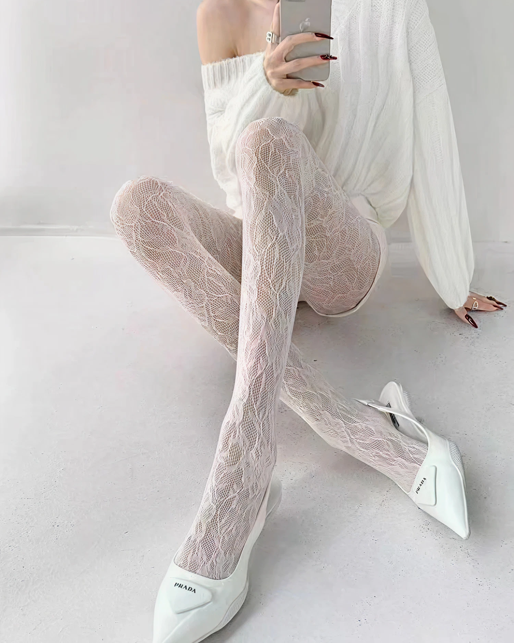 Lana Floral Lace Tights White